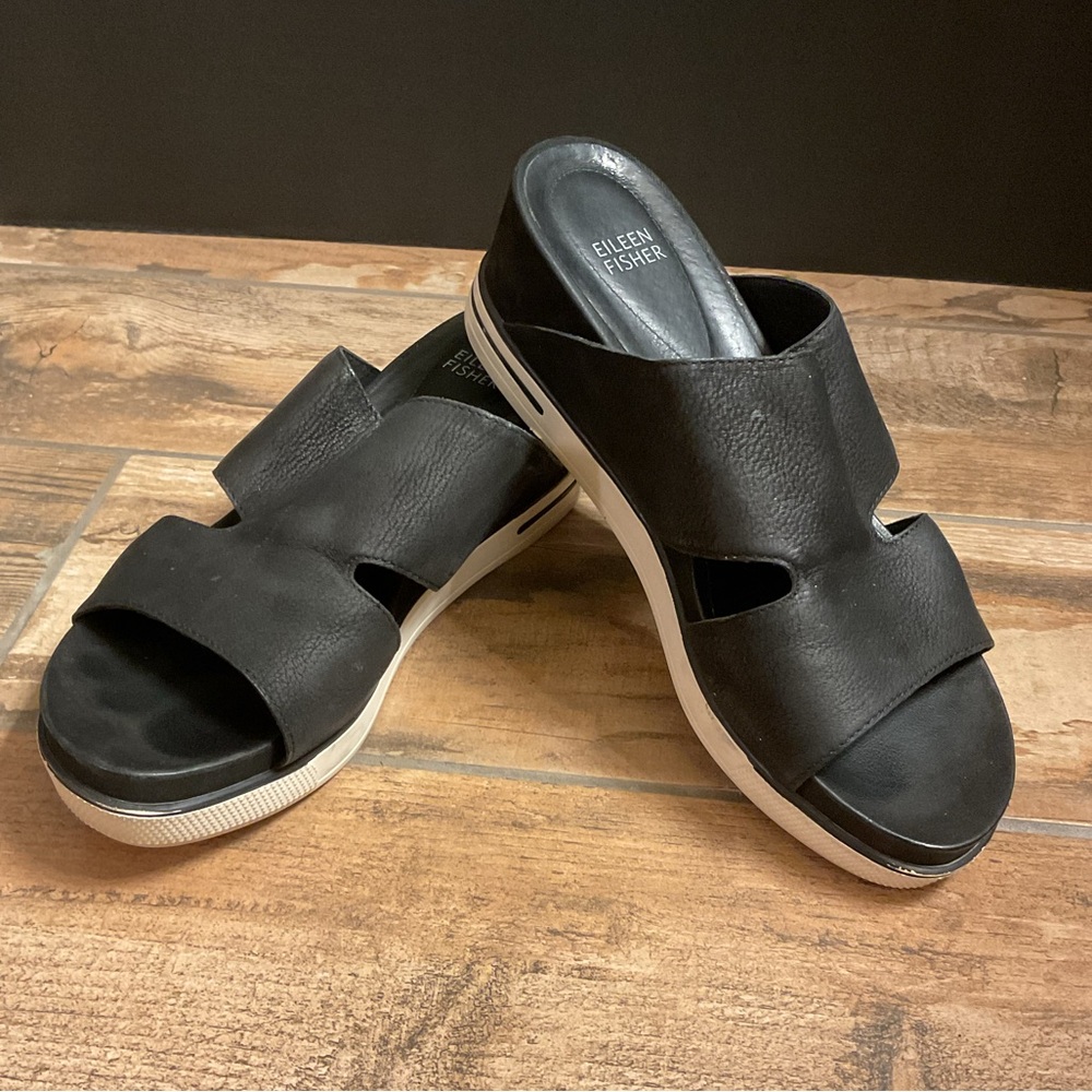 Preowned Eileen Fisher Grand Platform Black Suede Cut Out Sandals sz 8